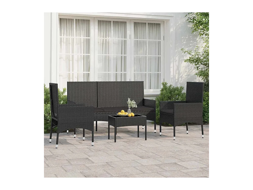 4-delige Loungeset met kussens poly rattan zwart