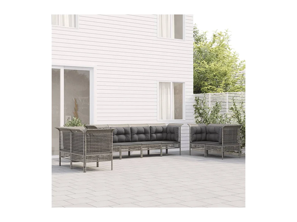 Salon de jardin 8 pcs avec coussins Gris Résine tressée