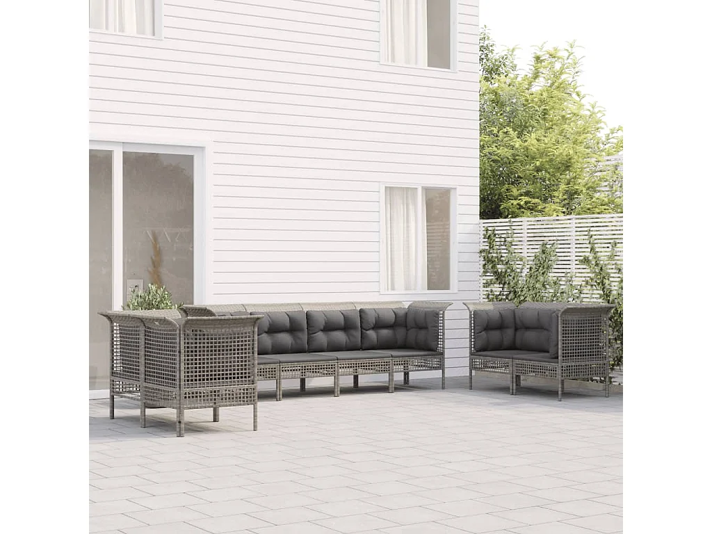 8-delige Loungeset met kussens poly rattan grijs