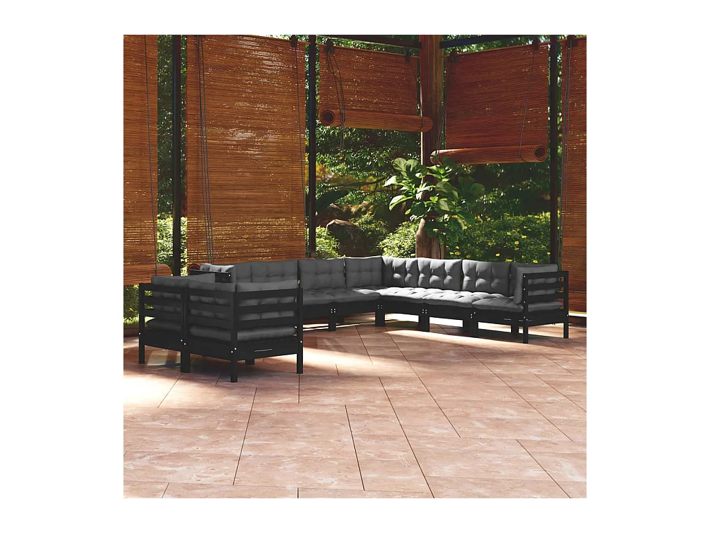 Set Divani da Giardino 9 pz con Cuscini Neri Massello di Pino
