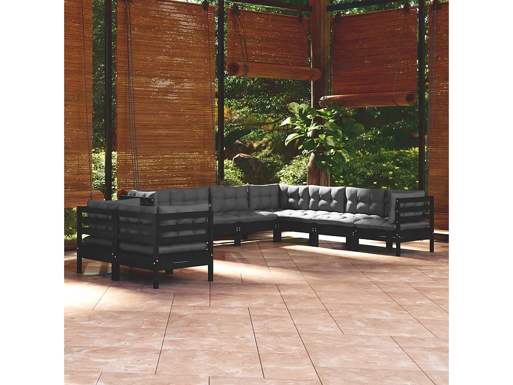 9 pcs conjunto lounge jardim c/ almofadões pinho maciço preto