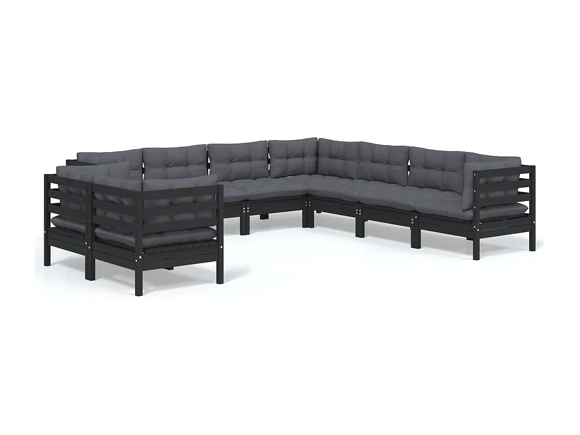 9 pcs conjunto lounge jardim c/ almofadões pinho maciço preto