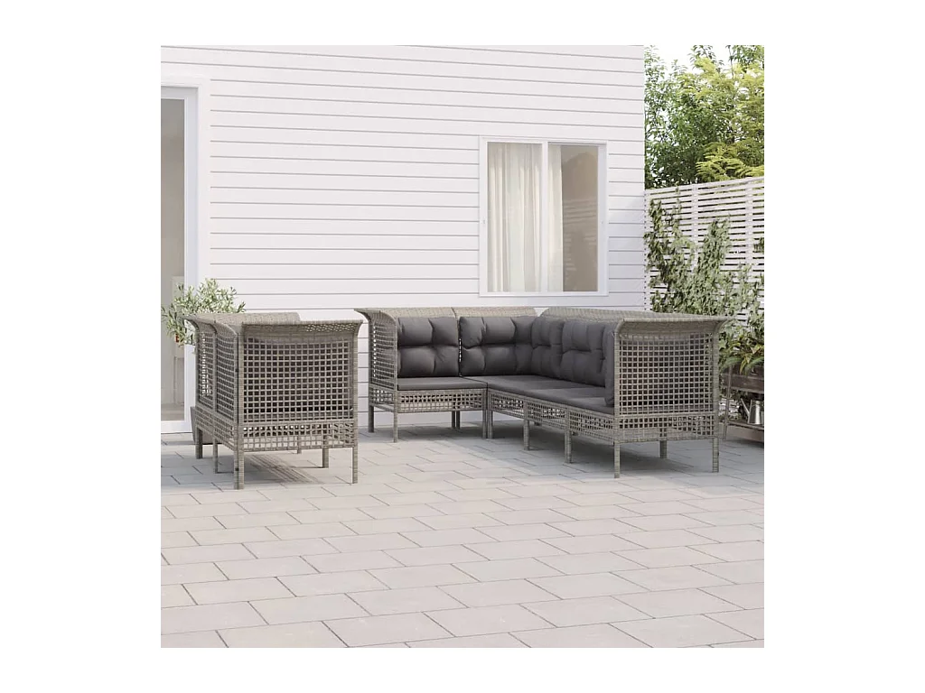 Salon de jardin 7 pcs avec coussins Gris Résine tressée