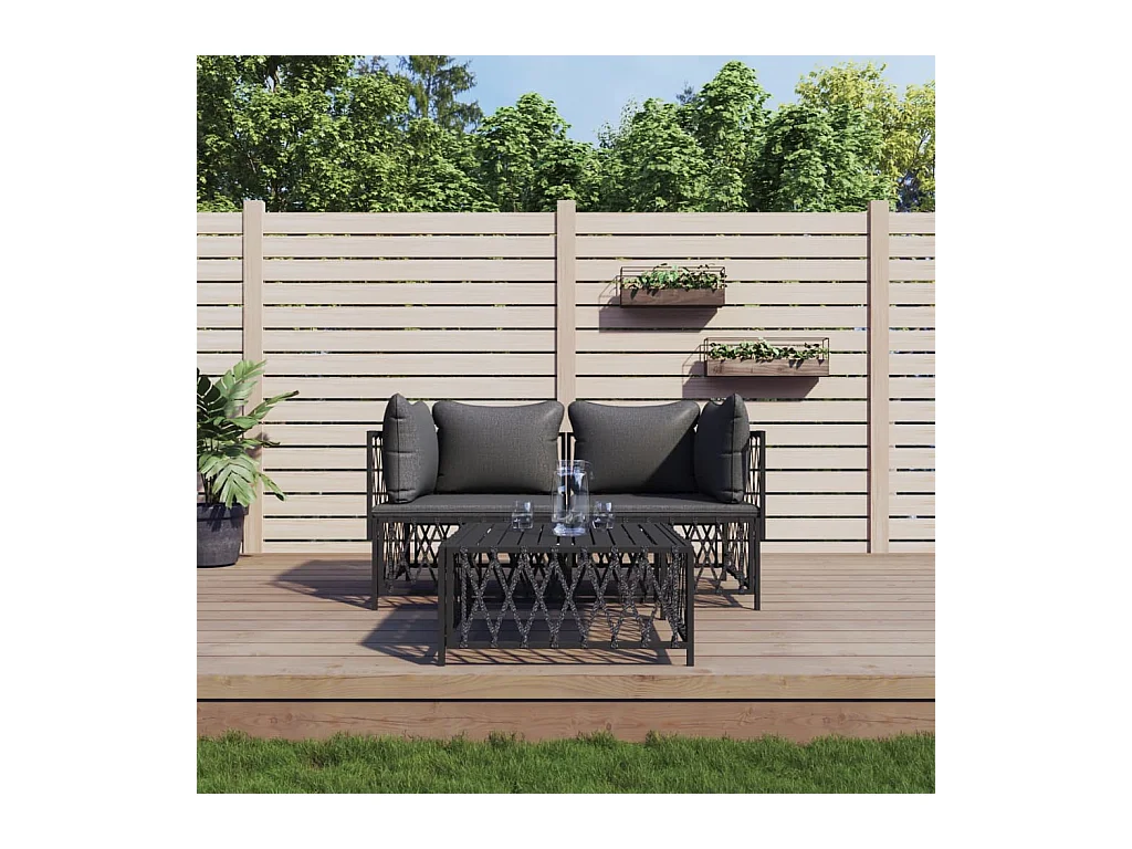 Salon de jardin avec coussins 3 pcs anthracite acier