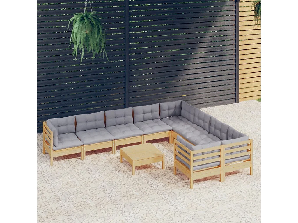 Set Divani da Giardino 10 pz con Cuscini Grigi Massello di Pino