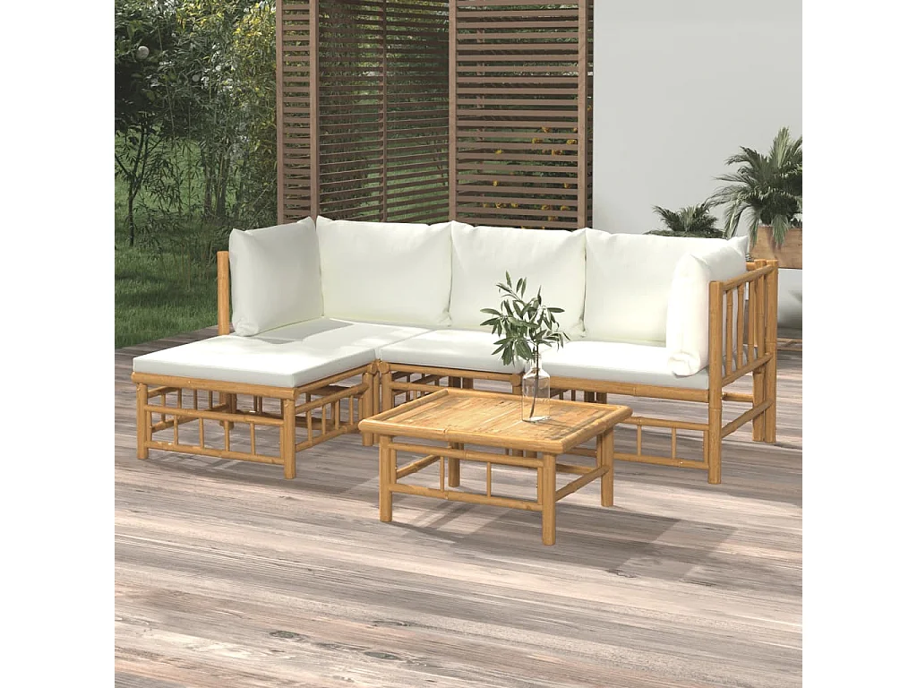 Salon de jardin 5 pcs avec coussins blanc crème bambou