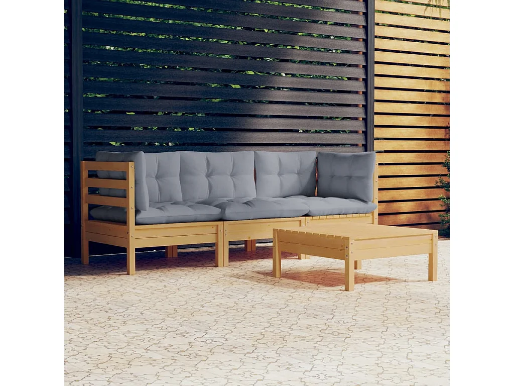 Set Divani da Giardino 4 pz con Cuscini Grigi Massello di Pino