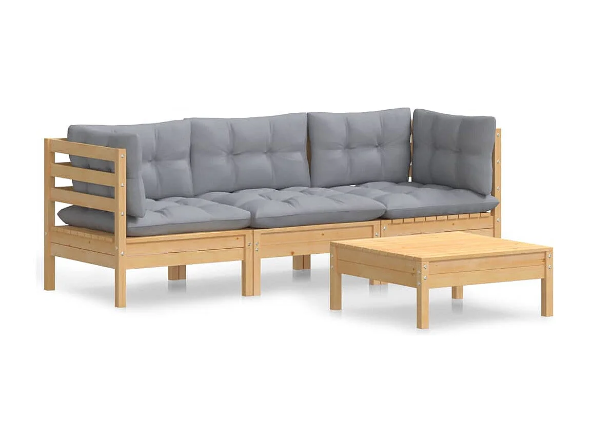 Set Divani da Giardino 4 pz con Cuscini Grigi Massello di Pino