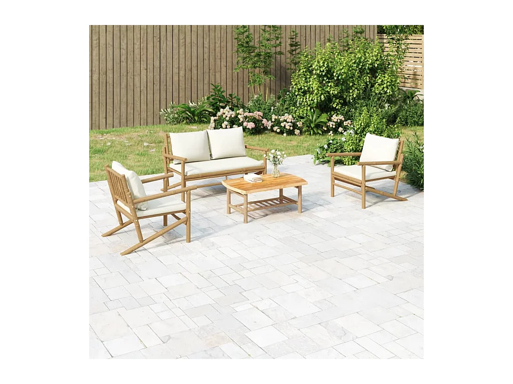 Salon de jardin 4 pcs avec coussins blanc crème bambou