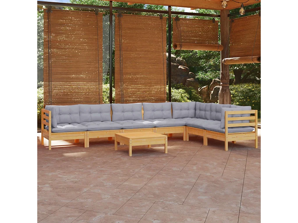 Juego de muebles de jardín 8 pzas y cojines madera maciza pino