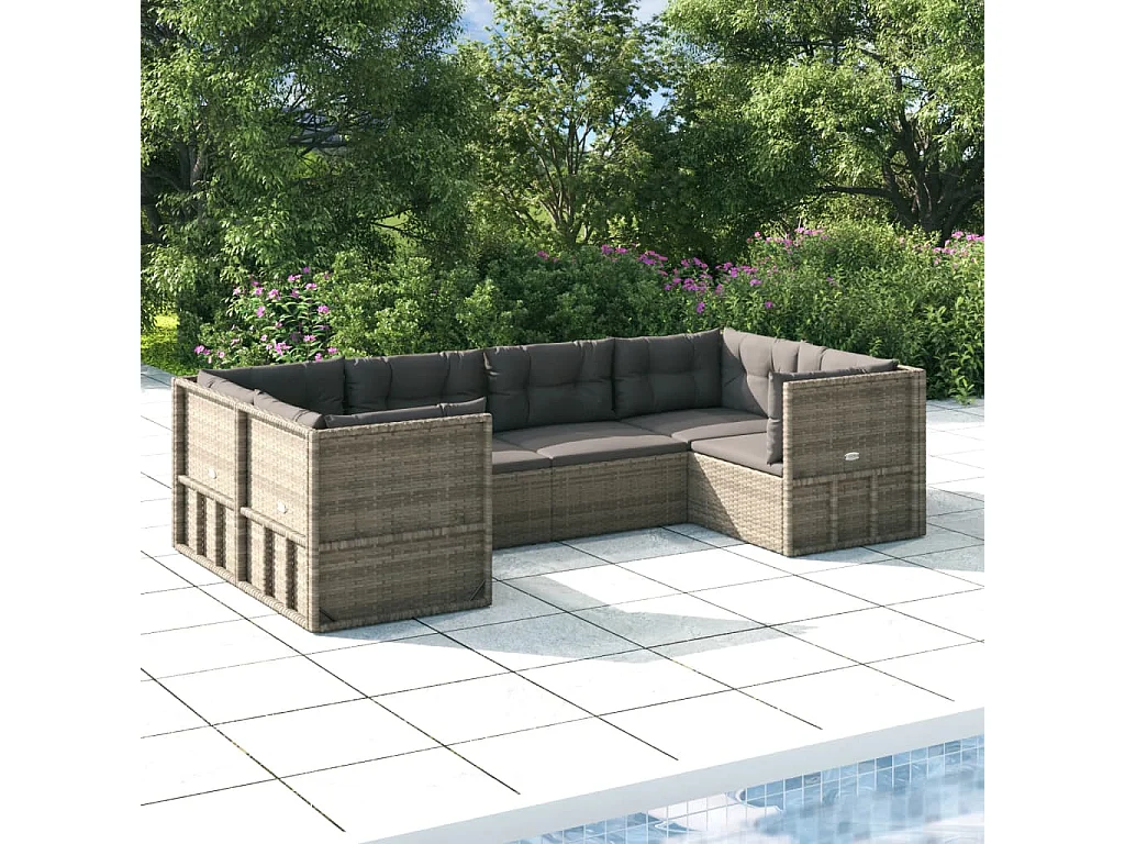 6-tlg. Garten-Lounge-Set mit Kissen Grau Poly Rattan