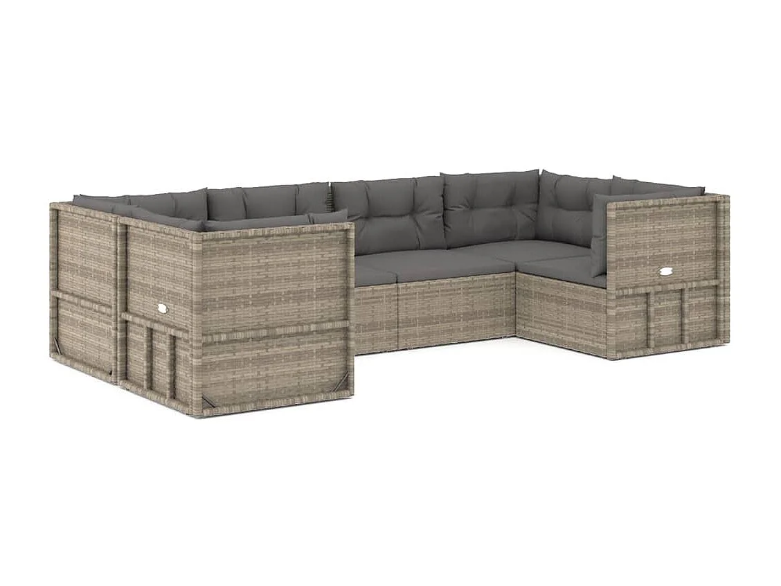 6-tlg. Garten-Lounge-Set mit Kissen Grau Poly Rattan