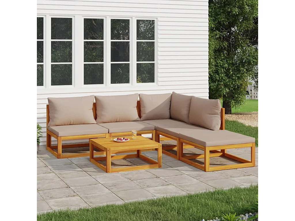 Salon de jardin 6 pcs avec coussins taupe bois massif