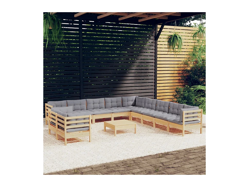 Salon de jardin 12 pcs avec coussins gris Bois de pin massif