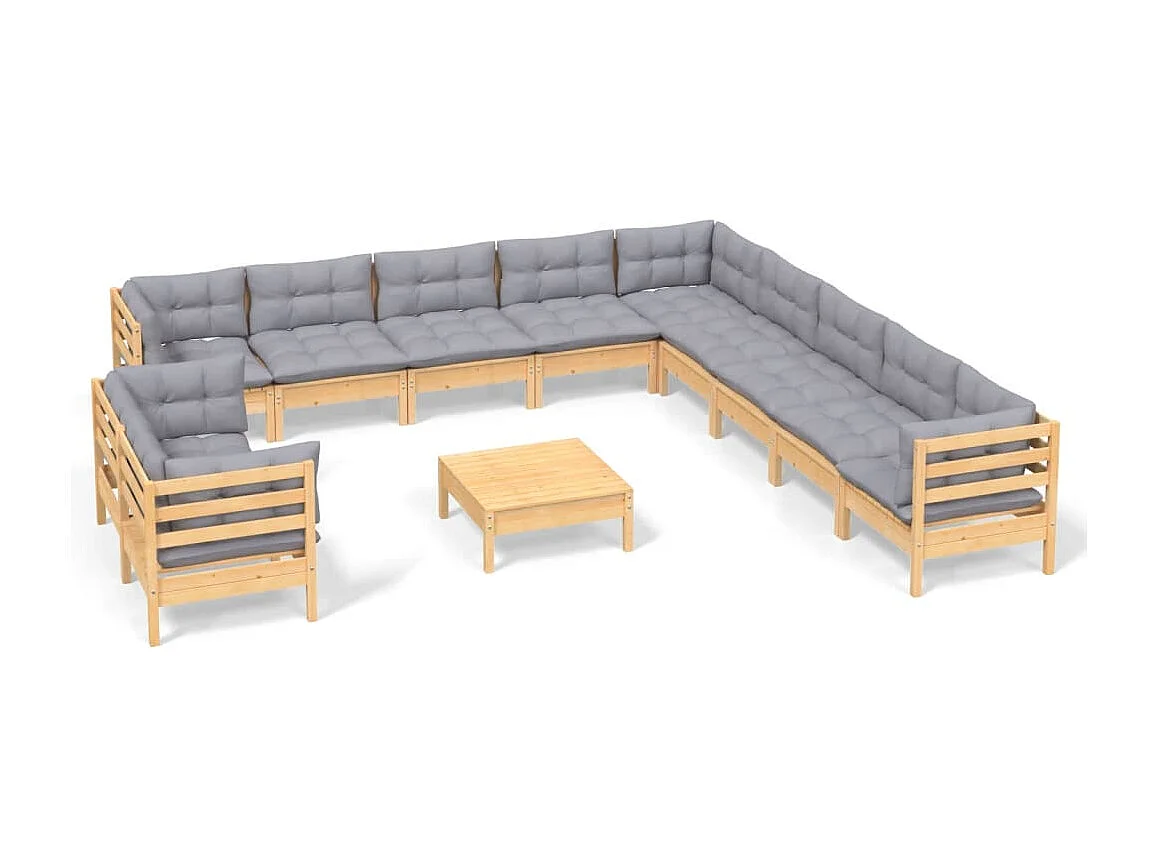 12pcs conjunto lounge de jardim + almofadões cinza pinho maciço