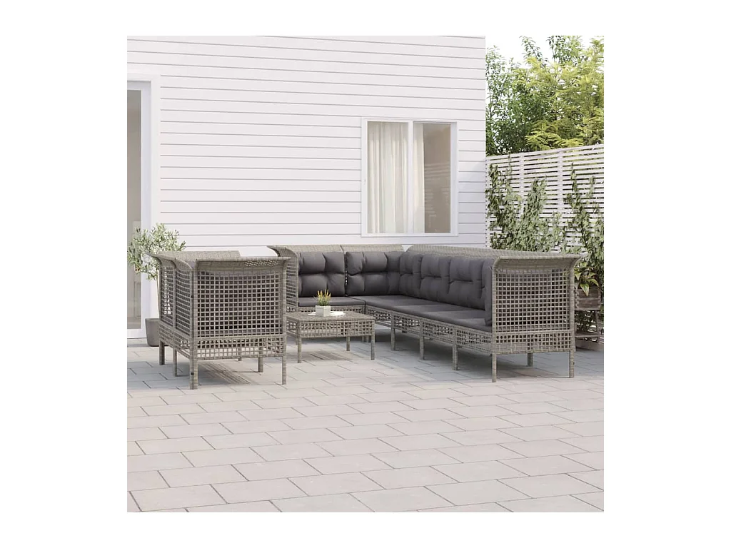 9-delige Loungeset met kussens poly rattan grijs