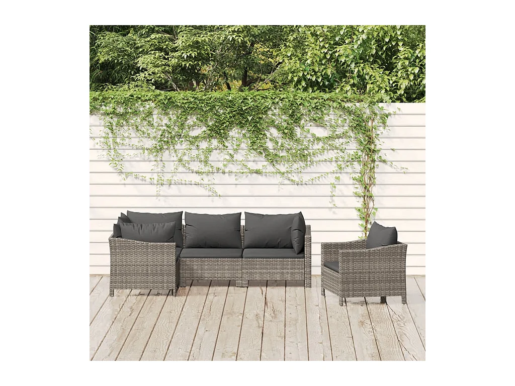 Salon de jardin 5 pcs avec coussins Gris Résine tressée