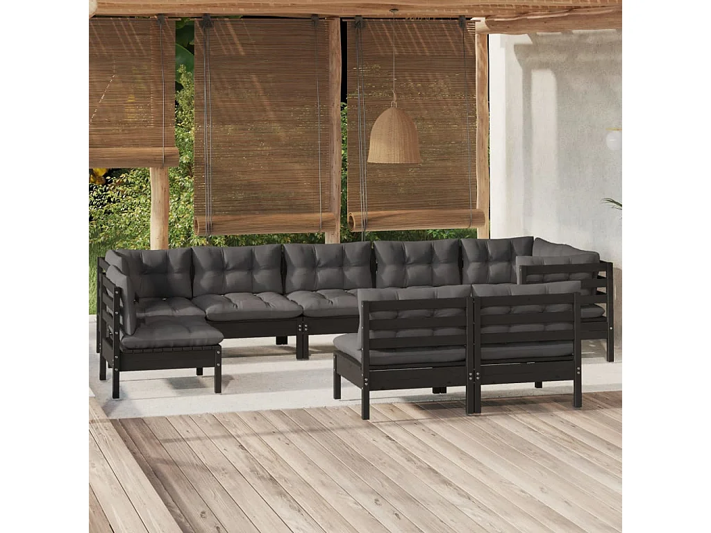 Set Divani da Giardino 9 pz con Cuscini Neri Massello di Pino