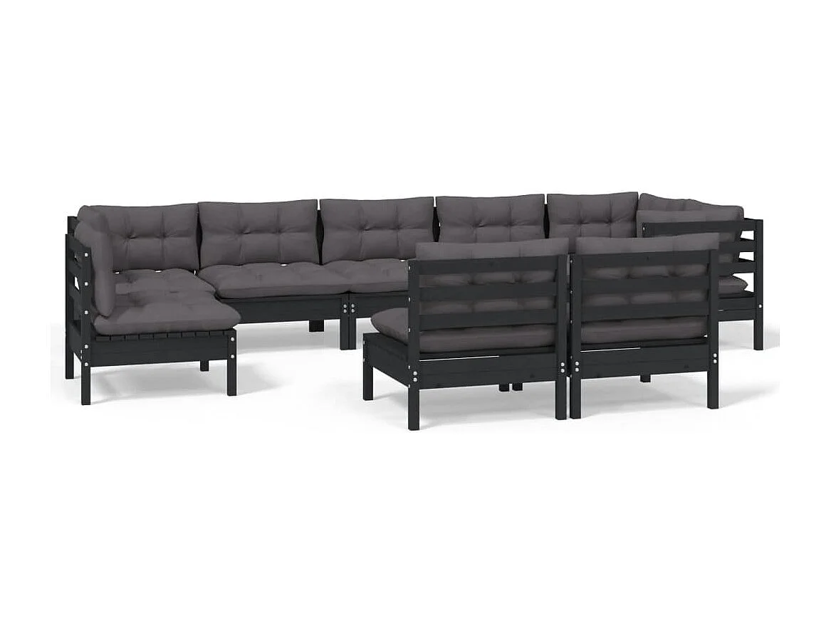 Set Divani da Giardino 9 pz con Cuscini Neri Massello di Pino