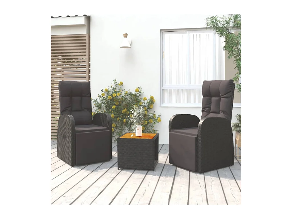 Ensemble de salon de jardin 3 pcs noir poly rotin et acacia