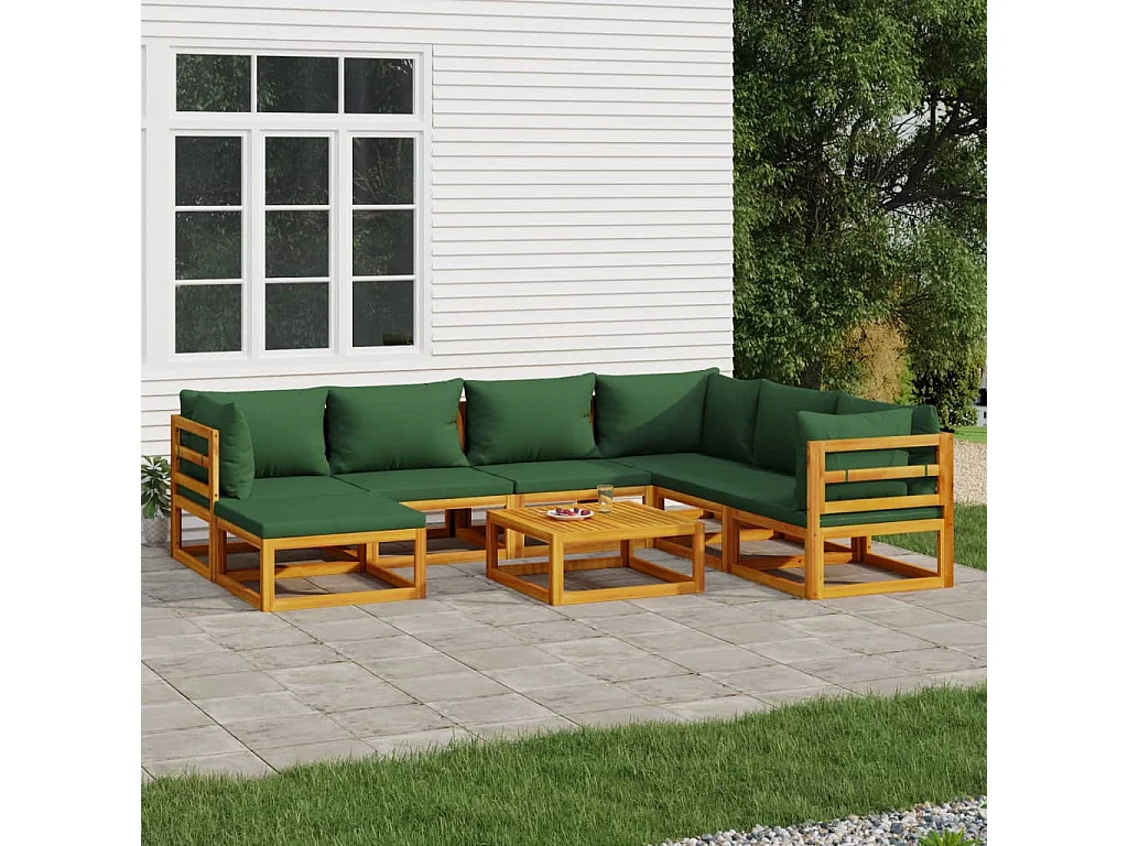 Set Salotto da Giardino 8pz con Cuscini Verdi in Legno Massello
