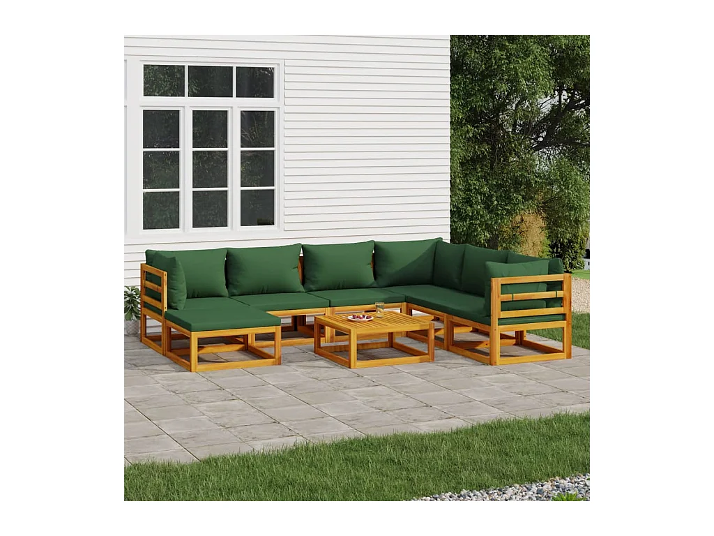 Salon de jardin 8 pcs avec coussins vert bois massif
