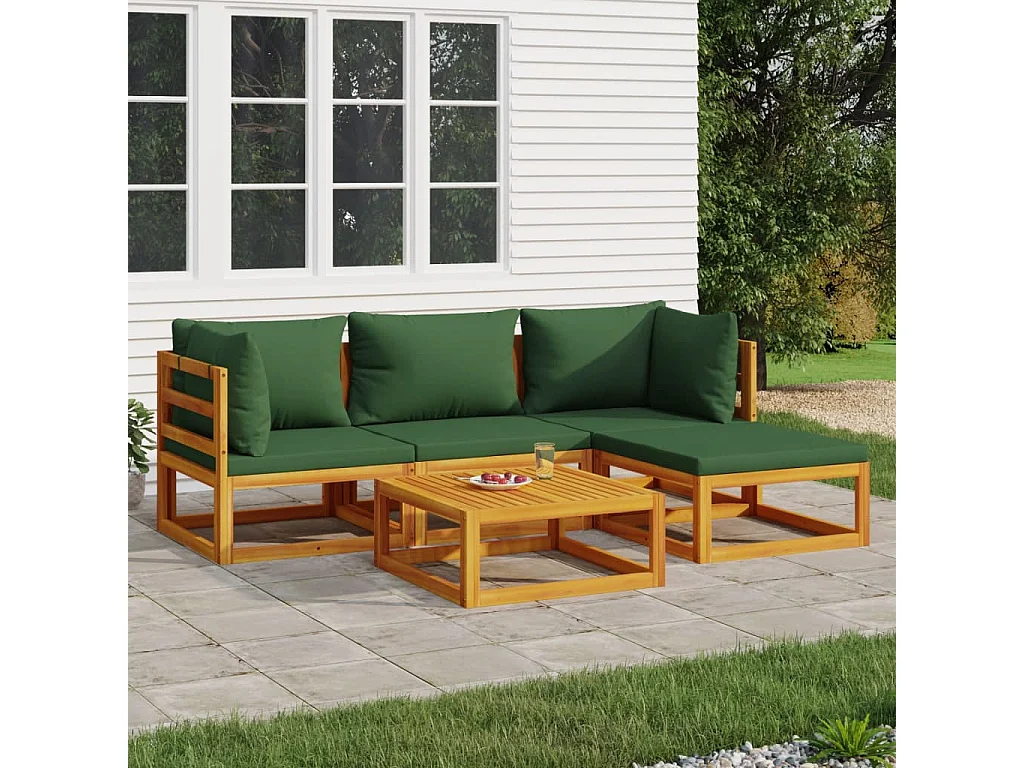 5-tlg. Garten-Lounge-Set mit Grünen Kissen Massivholz