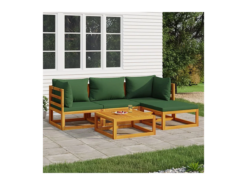 Salon de jardin 5 pcs avec coussins vert bois massif