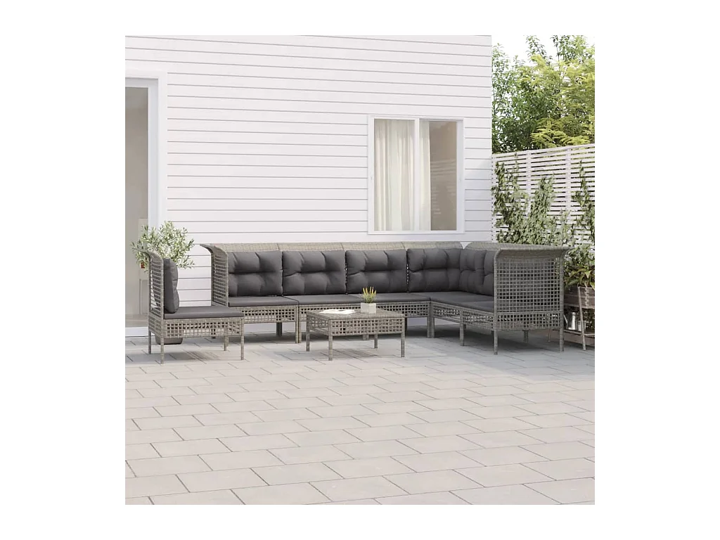 8-delige Loungeset met kussens poly rattan grijs