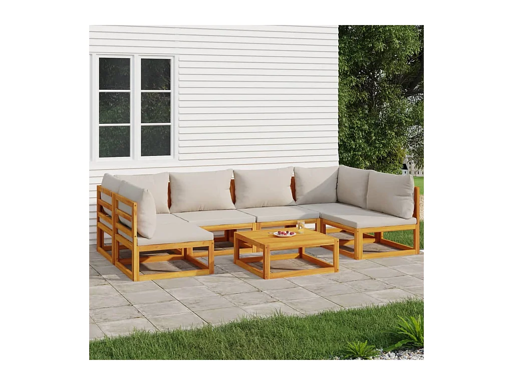 Set Salotto Giardino 7pz Cuscini Grigio Chiaro Legno Massello