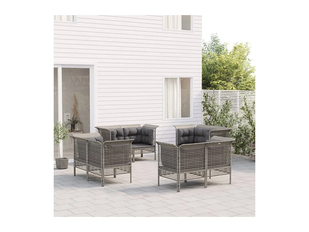 Salon de jardin 8 pcs avec coussins Gris Résine tressée