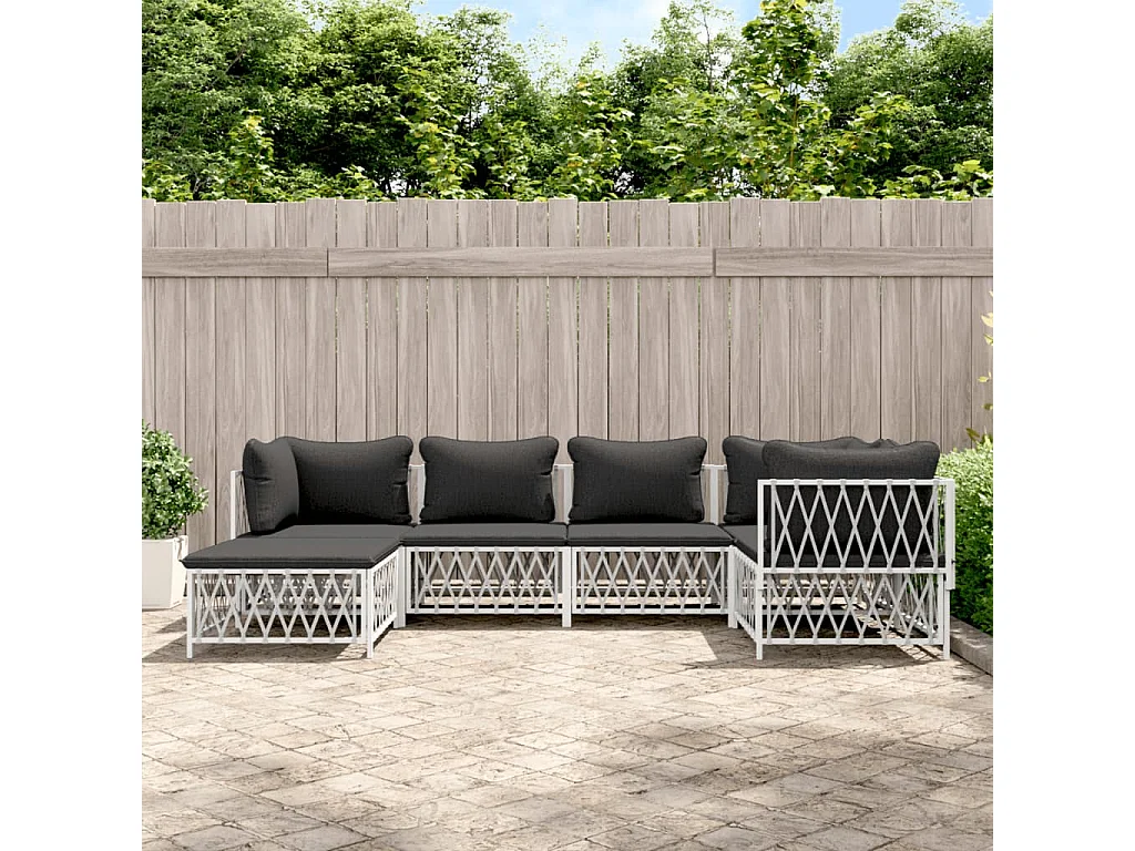 Salon de jardin avec coussins 6 pcs blanc acier