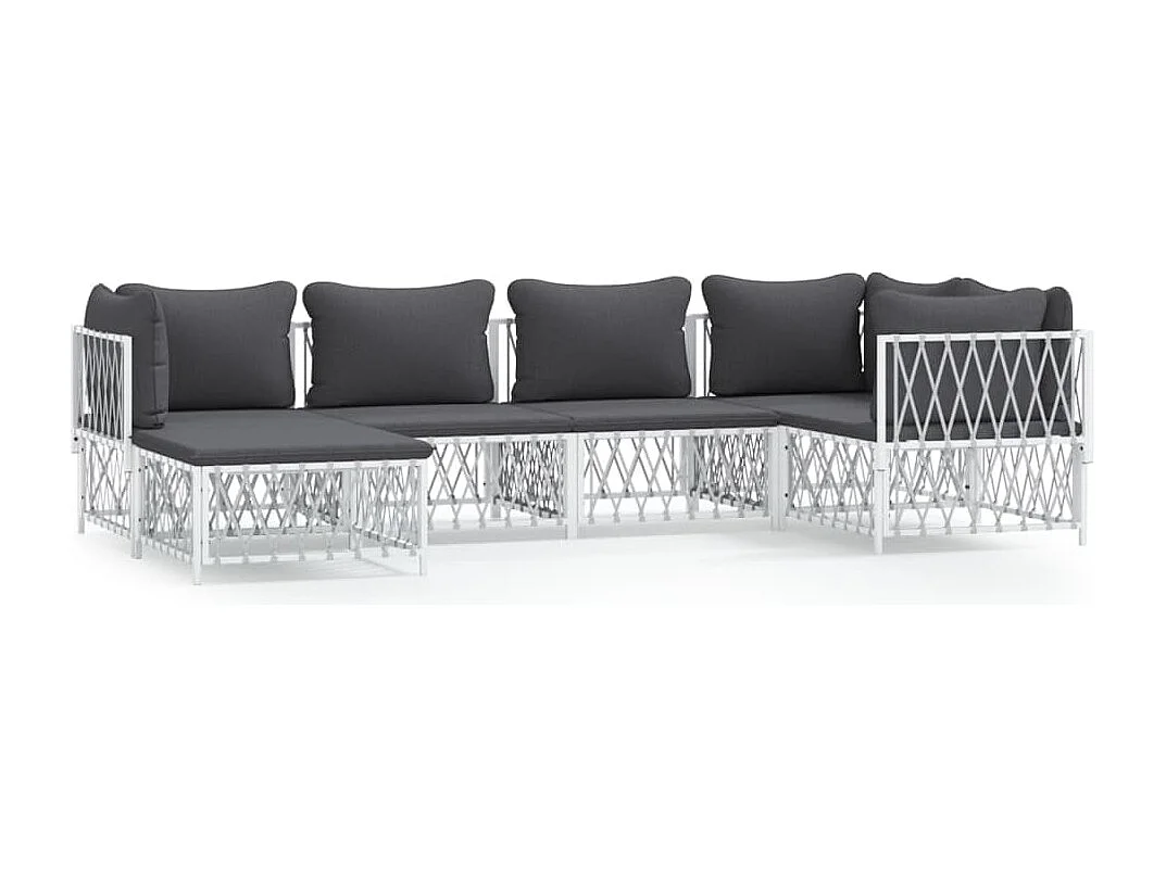 Salon de jardin avec coussins 6 pcs blanc acier