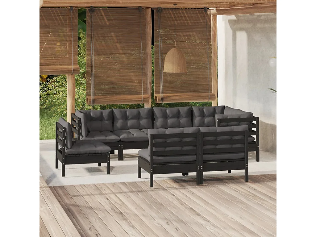 Salon de jardin 8 pcs avec coussins Noir Bois de pin massif