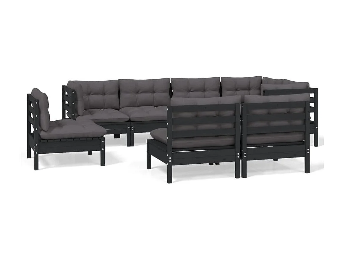 Salon de jardin 8 pcs avec coussins Noir Bois de pin massif