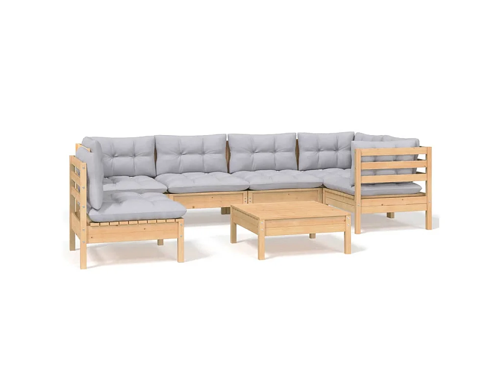 Juego de muebles de jardín 7 pzas y cojines madera pino gris