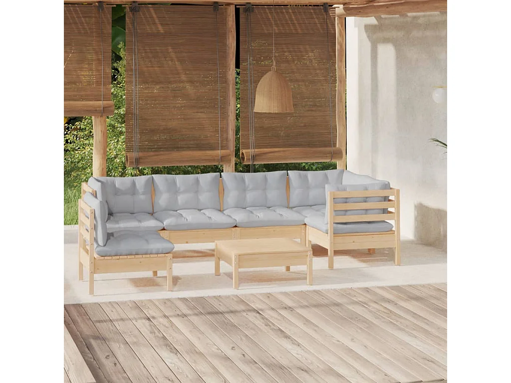Juego de muebles de jardín 7 pzas y cojines madera pino gris