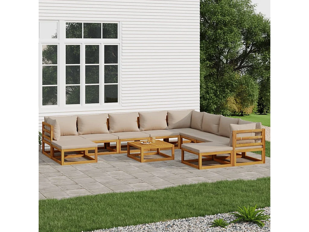 11pcs conj.lounge jardim madeira c/almofadões cinza-acastanhado