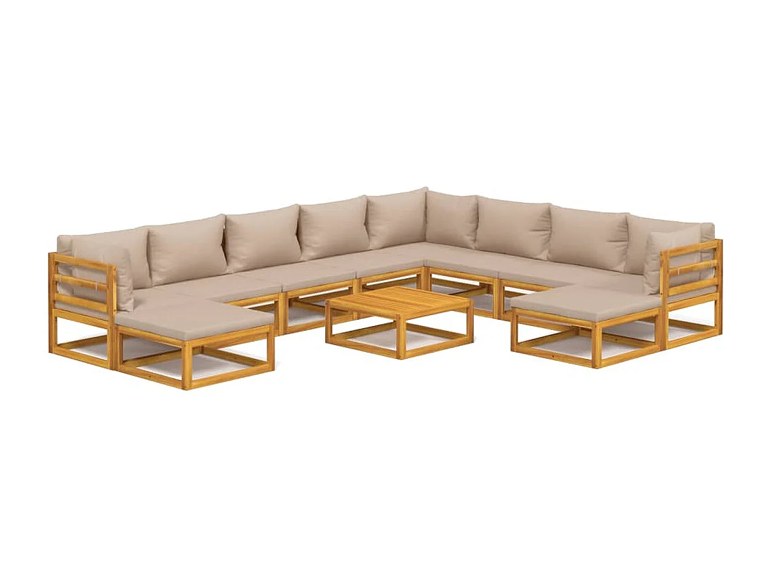 11pcs conj.lounge jardim madeira c/almofadões cinza-acastanhado