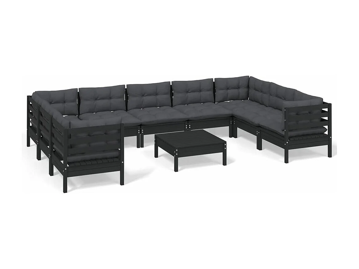 10-delige Loungeset met kussens grenenhout zwart