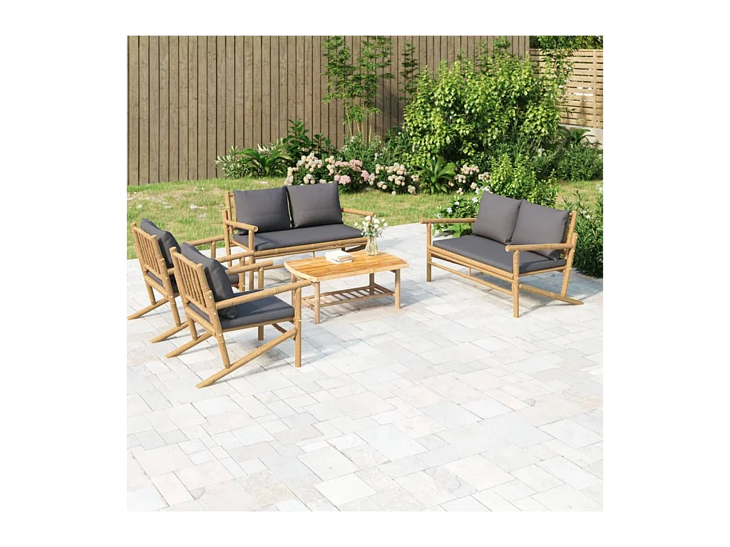 5 pcs conjunto lounge jardim bambu c/ almofadões cinza-escuro