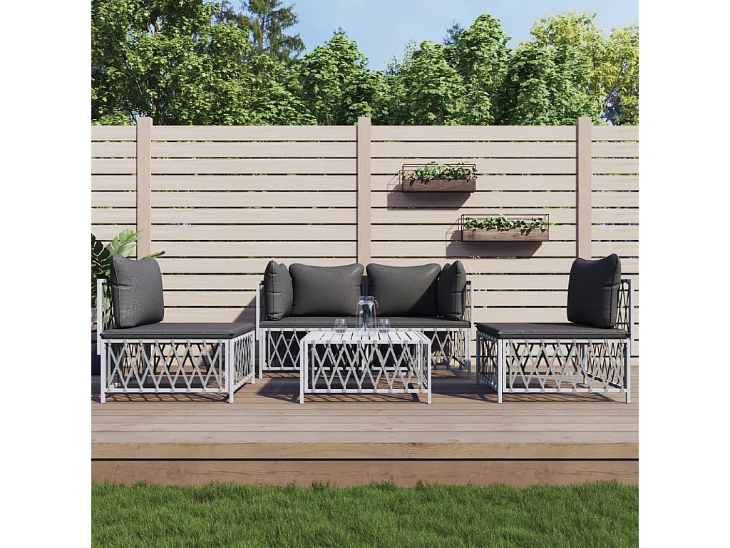 Salon de jardin avec coussins 5 pcs blanc acier