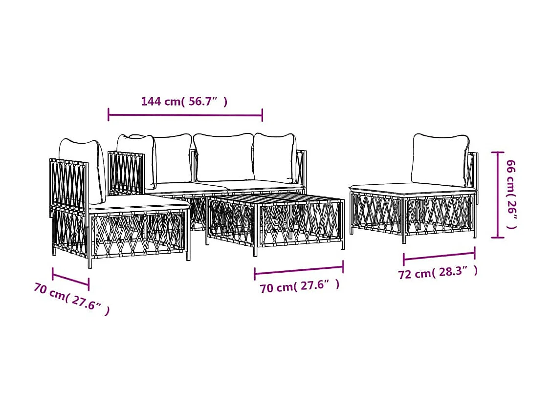 Salon de jardin avec coussins 5 pcs blanc acier