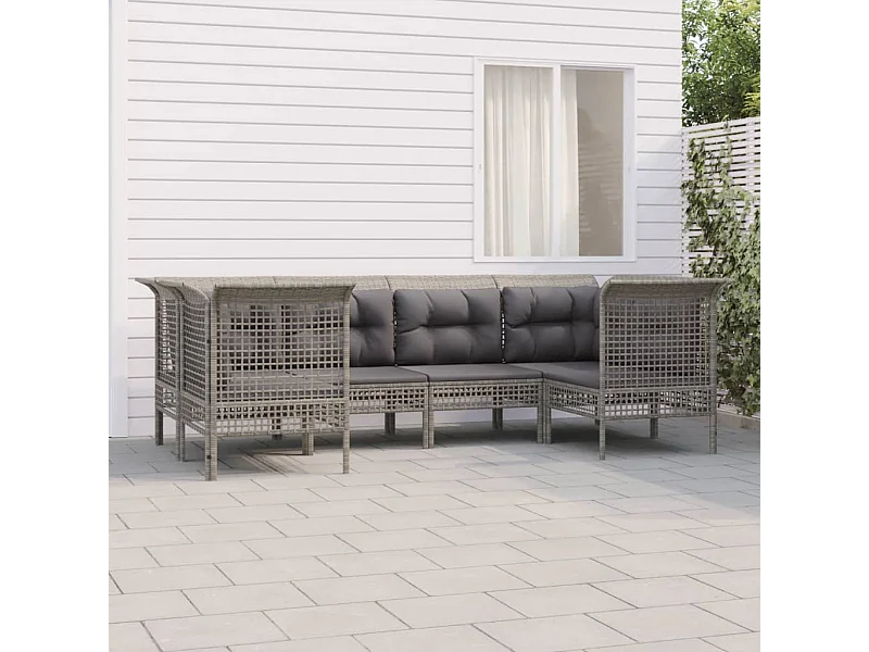 6-tlg. Garten-Lounge-Set mit Kissen Grau Poly Rattan