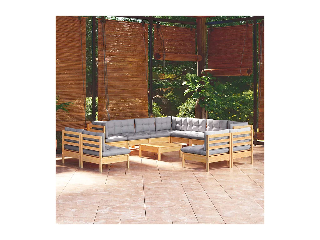 Set Divani da Giardino 12 pz con Cuscini Grigi Massello di Pino