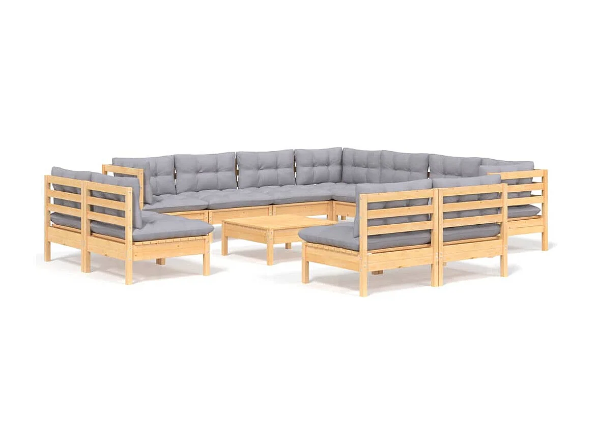 Salon de jardin 12 pcs avec coussins gris Bois de pin massif