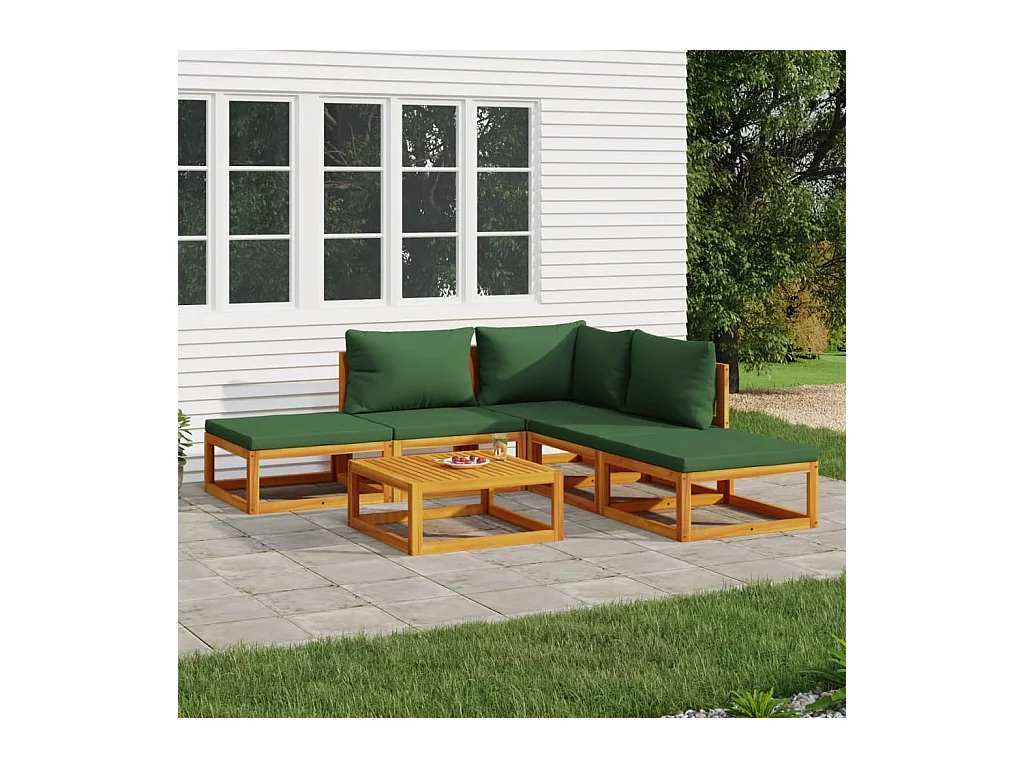 Salon de jardin 6 pcs avec coussins vert bois massif