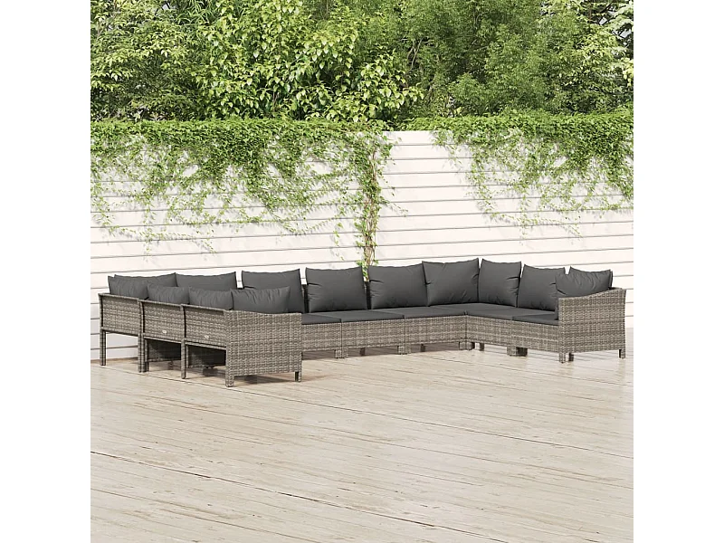 10-tlg. Garten-Lounge-Set mit Kissen Grau Poly Rattan