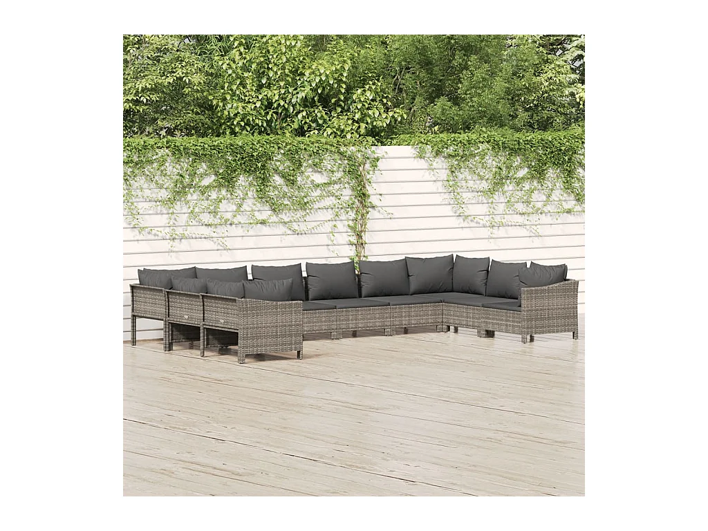 Salon de jardin 10 pcs avec coussins Gris Résine tressée