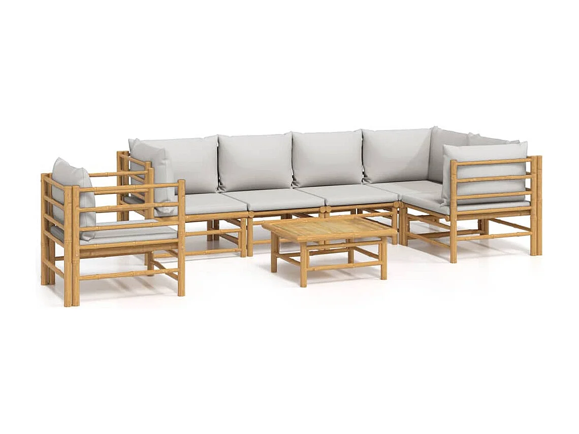 Salon de jardin 7 pcs avec coussins gris clair bambou